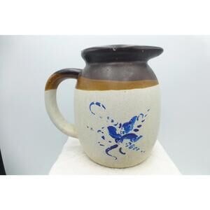 Vintage Stoneware Pitcher Vase Brown Cream Blue Splatter Drip Glaze Pottery H3